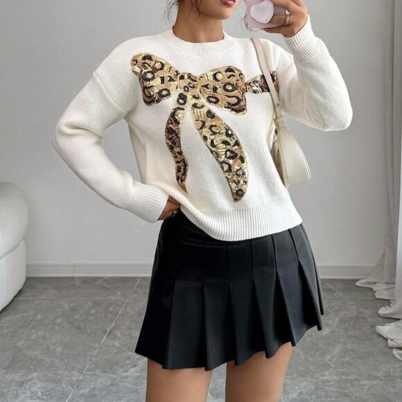 Apricot Women's Casual Bowknot Sequin Leopard Long Sleeve Sweater - Picture 6 of 10